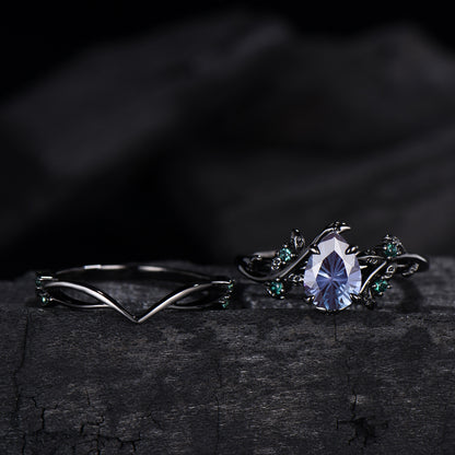 Fireworks Cut Alexandrite Engagement Ring Set Twig Vine Nature Inspired Black Gold Emerald Cluster Bridal Set