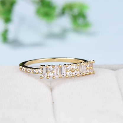 Baguette cut moissanite wedding ring Unique Half Eternity Moissanite Stacking matching ring Bridal ring,Yellow gold Anniversary band ring - PENFINE