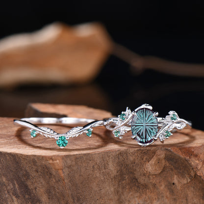 Nature Inspired Ring Set Fantasy Cut Color-change Alexandrite Leaf Wedding Ring Emerald Matching Band