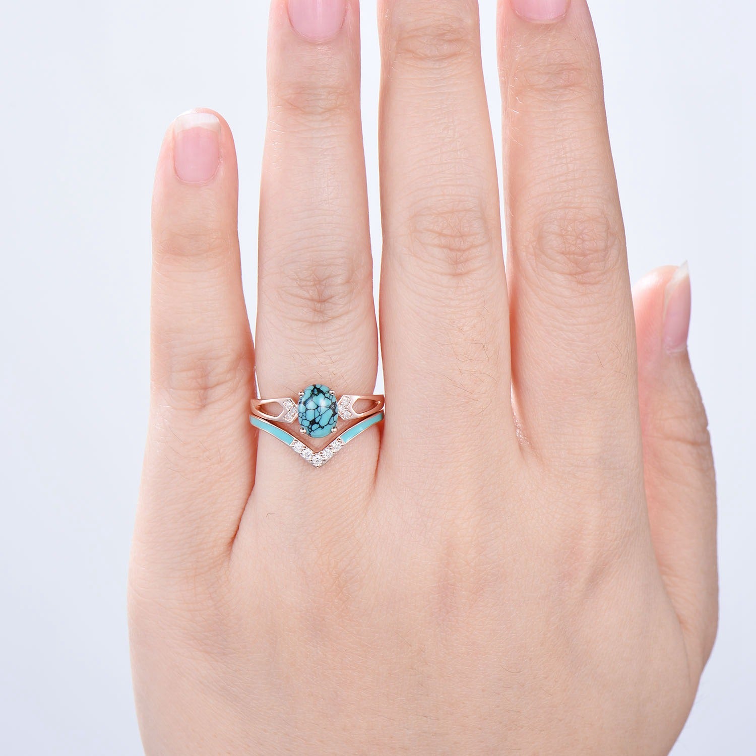 Unique Oval Turquoise engagement ring set 14k white gold vintage split shank engagement ring for women Blue Enamel Wedding Ring Antique Gift - PENFINE