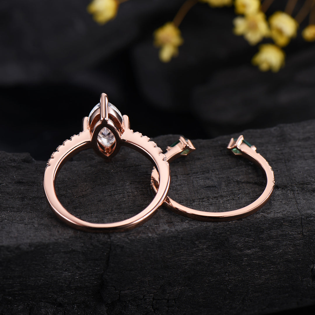 1CT IGI Certified Marquise Cut Lab Grown Diamond Engagement Ring Set 14K Rose Gold Pave Diamond Bridal Wedding Jewelry Promise Gift