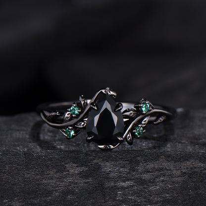 Pear shaped natural black onyx engagement ring set leaf design emerald gothic wedding set twig vine nature inspired emerald 2pcs bridal set