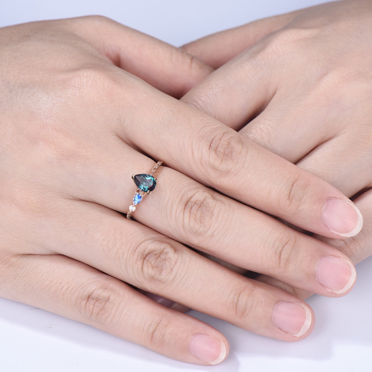 Vintage Alexandrite Moonstone Engagement Ring, 14k Rose Gold Twisted Band, Three Stone Promise Ring