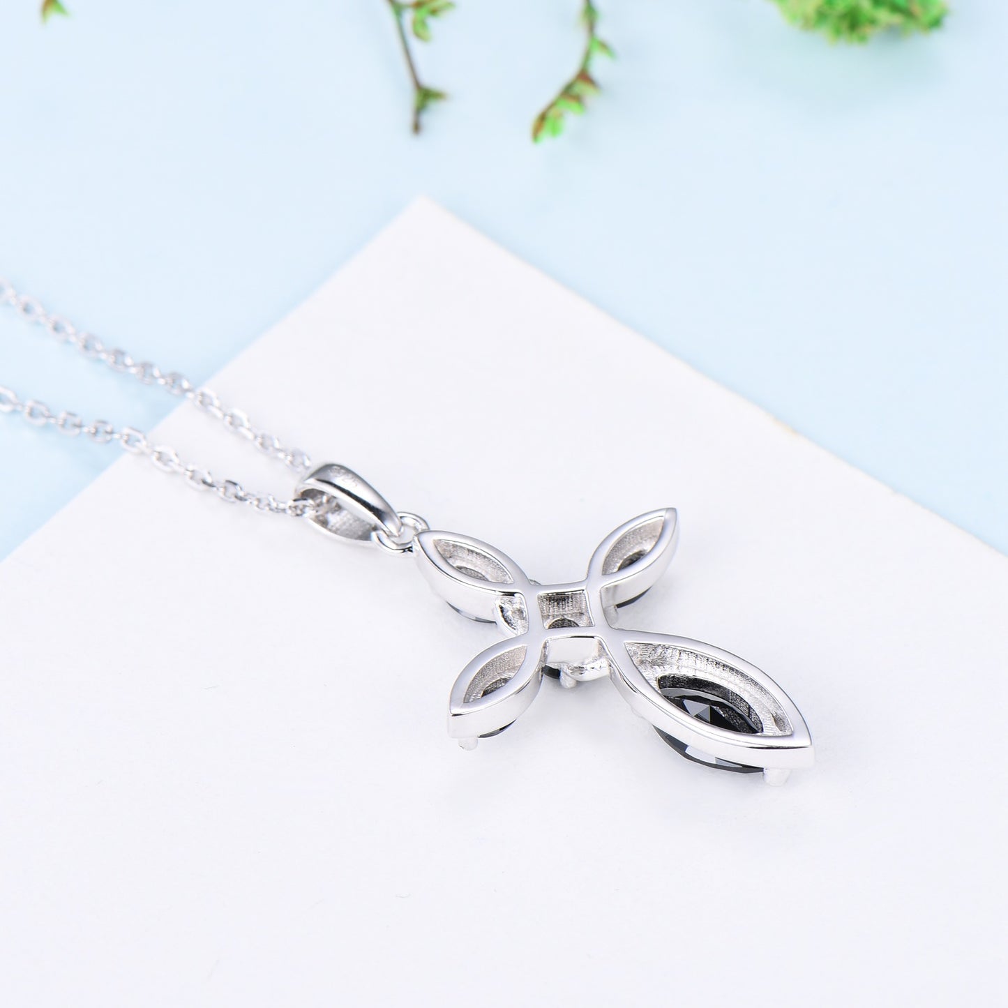 Dainty Black Spinel Cross Necklace, Sterling Silver Celtic Pendant - PENFINE