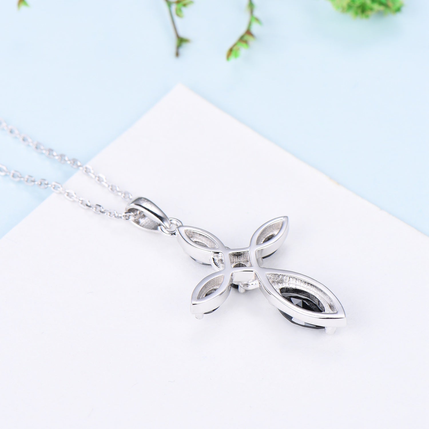 Dainty Black Spinel Cross Necklace, Sterling Silver Celtic Pendant - PENFINE