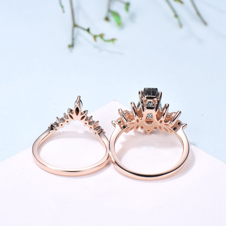 Unique Coffin Cut Black Rutilated Engagement Ring Set Art Deco Marquise Black Quartz Wedding Ring Moissanite Bridal Ring Birthday Gift Women - PENFINE