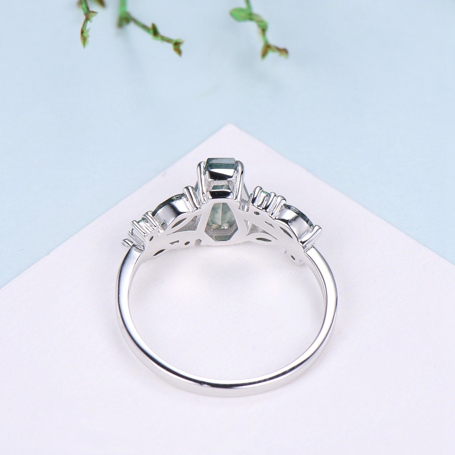 Unique Coffin Cut Moss Agate Ring Split Shank Engagement Ring Cluster Emerald Agate Wedding Ring MARRIED TILL BURIED Green Promise Ring Gift - PENFINE