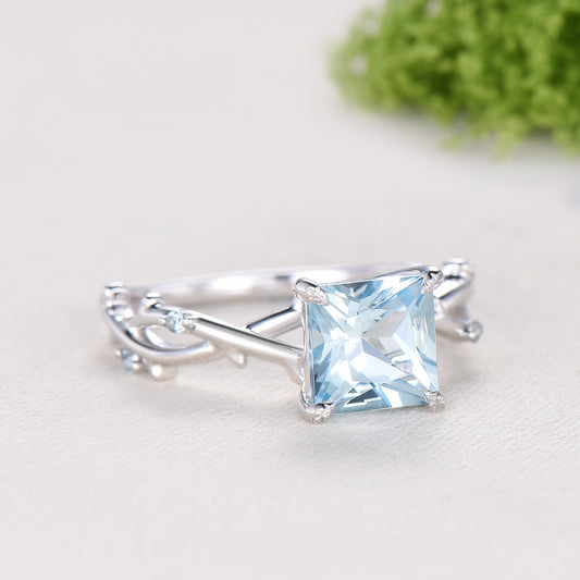 2CT Natural Princess Cut Aquamarine ring Leaf Branch March Birthstone Engagement Ring Nature Inspired Wedding Ring Unique Twig Promise Gift
