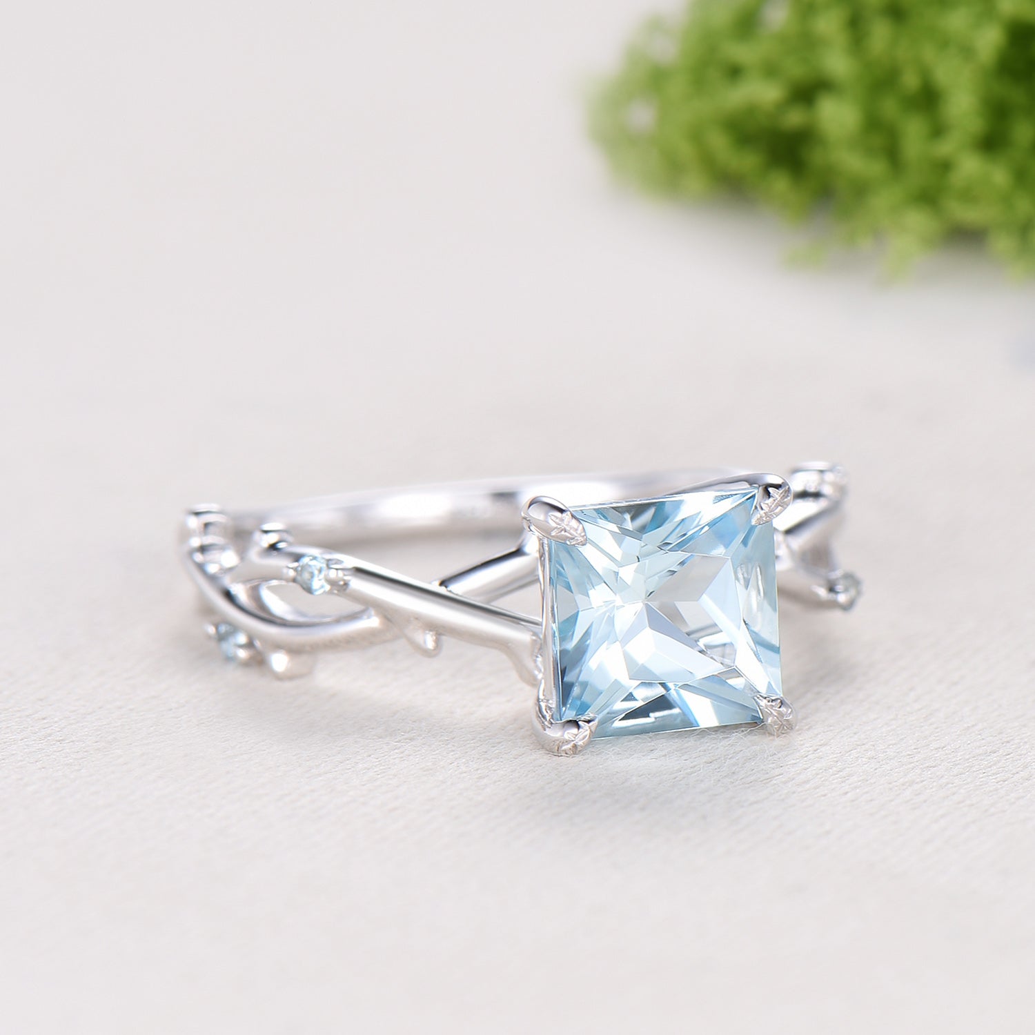 2CT Natural Princess Cut Aquamarine ring Leaf Branch March Birthstone Engagement Ring Nature Inspired Wedding Ring Unique Twig Promise Gift