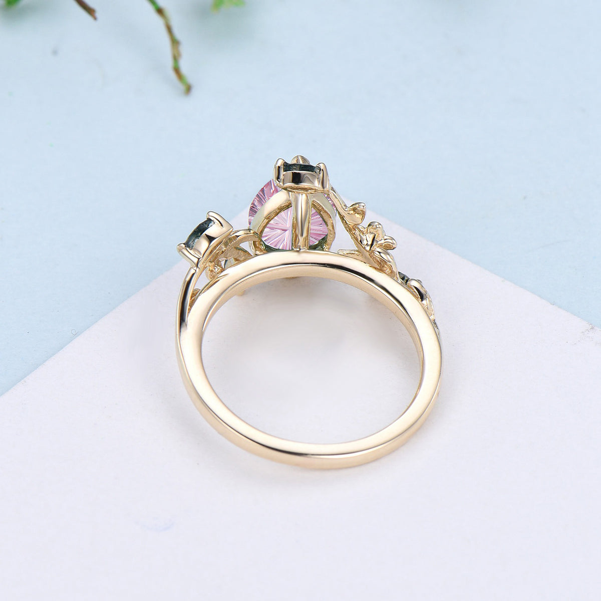 Teardrop Shaped Fantasy Cut Ruby Frog Engagement Ring Emerald 3 Stone Ring