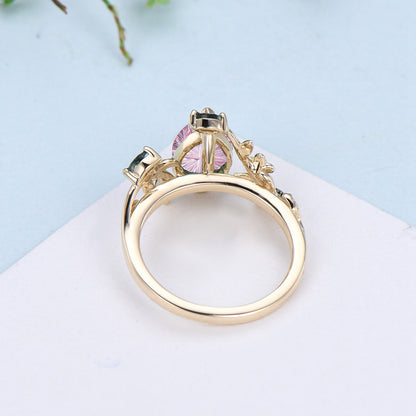 Teardrop Shaped Fantasy Cut Ruby Frog Engagement Ring Emerald 3 Stone Ring