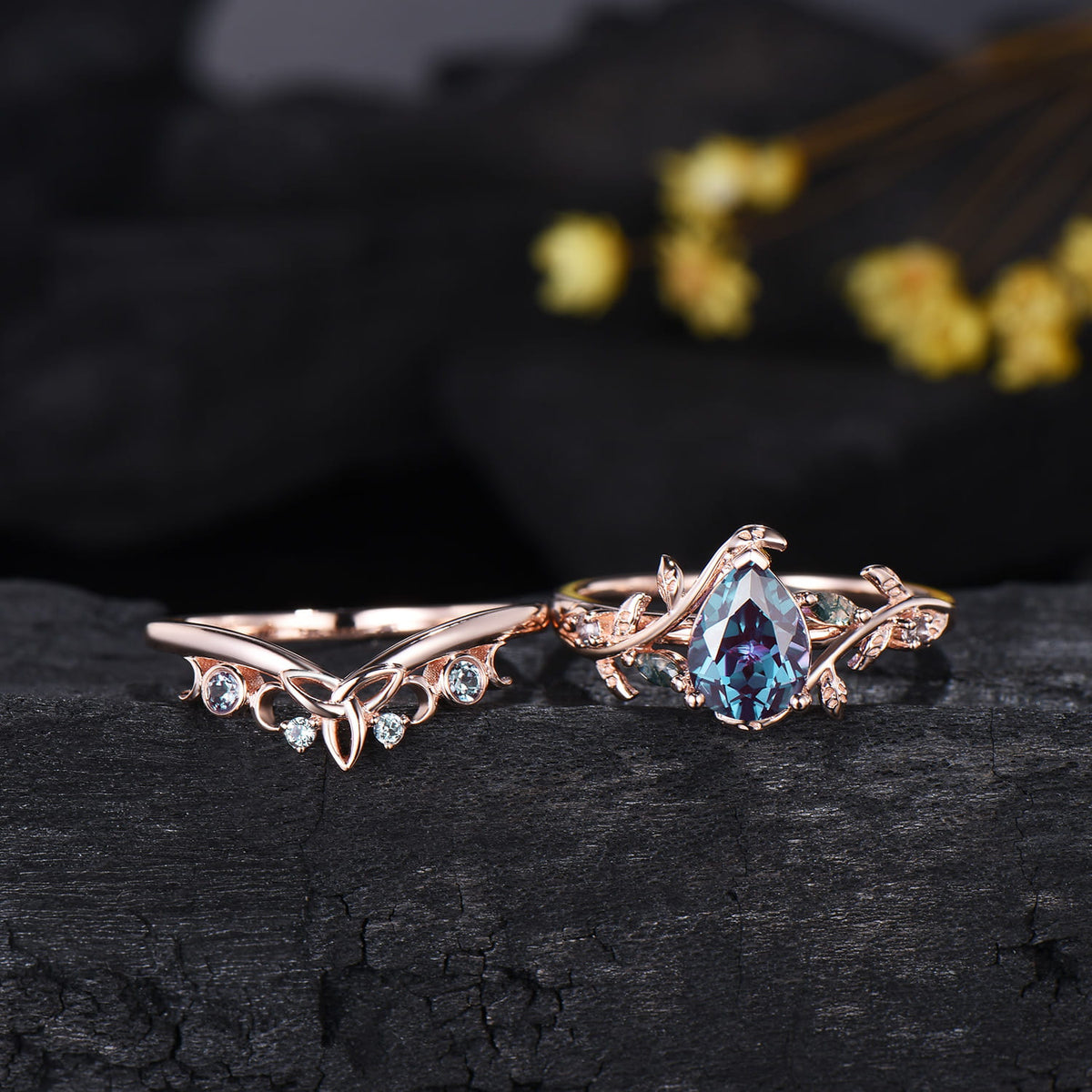 Pear Shaped Alexandrite Ring Set Leaf Vine Moss Agate Wedding Promise Gift