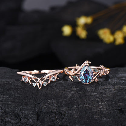 Pear Shaped Alexandrite Ring Set Leaf Vine Moss Agate Wedding Promise Gift