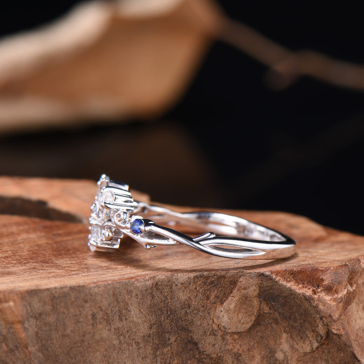 Handmade Butterfly Moissanite Engagement Ring, Sapphire Accent, White Gold