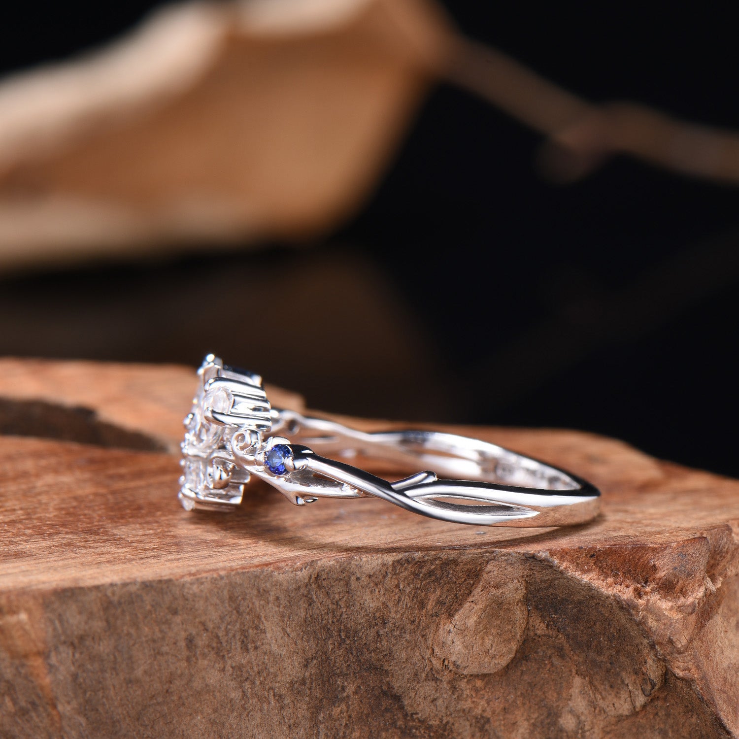 Handmade Butterfly Moissanite Engagement Ring, Sapphire Accent, White Gold