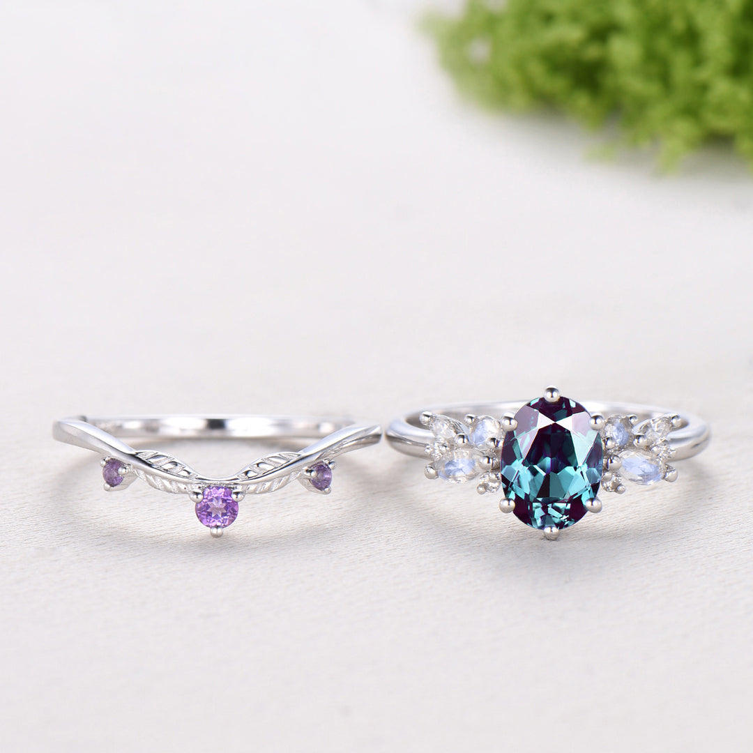 Unique Alexandrite Engagement Ring Set, 14k White Gold Moonstone June Birthstone Wedding Set, Leaf Amethyst Promise Stacking Band Bridal Set