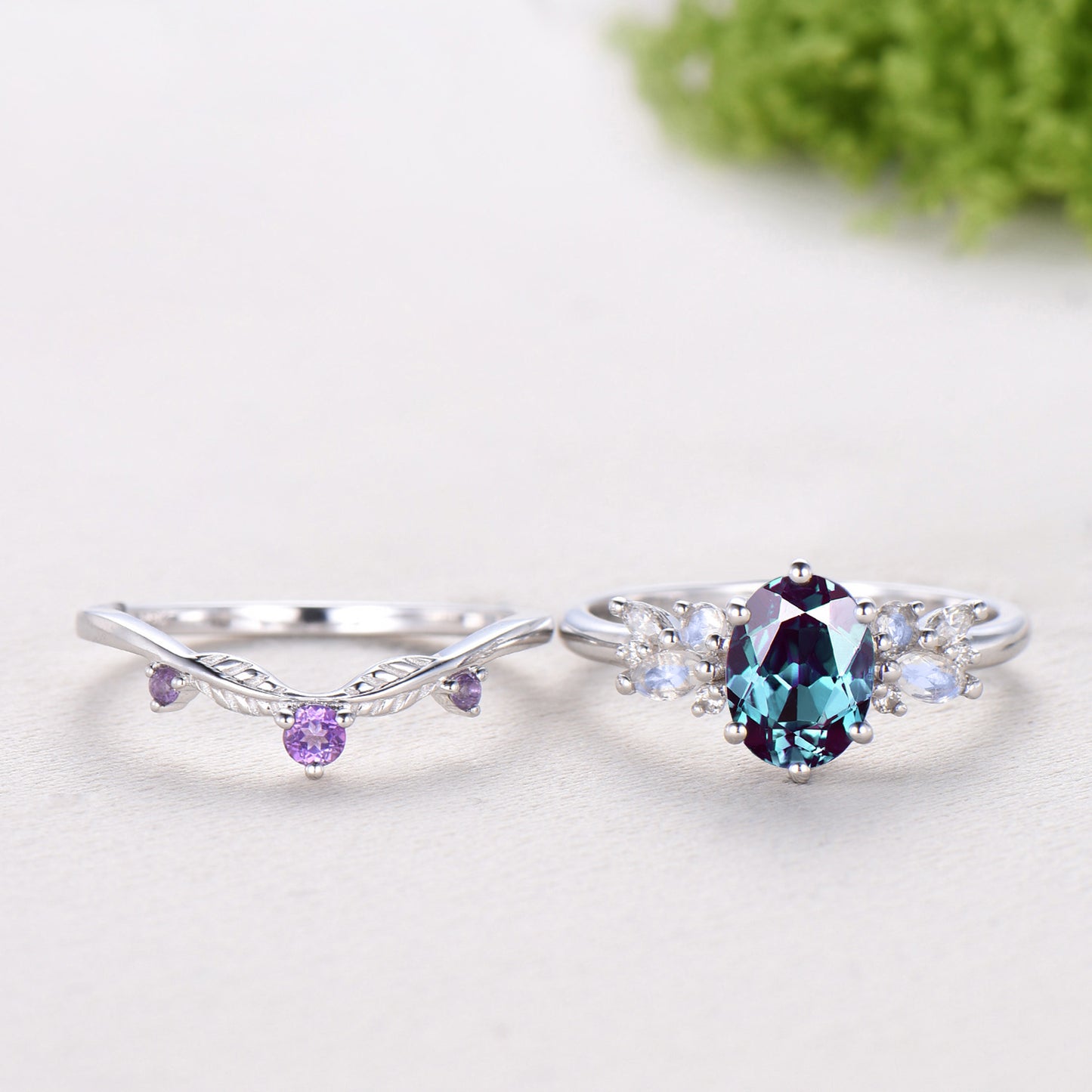 Unique Alexandrite Engagement Ring Set, 14k White Gold Moonstone June Birthstone Wedding Set, Leaf Amethyst Promise Stacking Band Bridal Set
