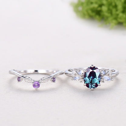 Unique Alexandrite Engagement Ring Set, 14k White Gold Moonstone June Birthstone Wedding Set, Leaf Amethyst Promise Stacking Band Bridal Set
