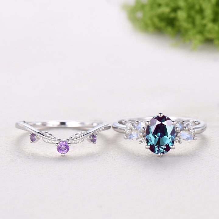 Unique Alexandrite Engagement Ring Set, 14k White Gold Moonstone June Birthstone Wedding Set, Leaf Amethyst Promise Stacking Band Bridal Set