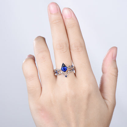 Art Deco black gold blue sapphire engagement ring set split shank kite cut blue sapphire wedding ring elegant anniversary bridal set women