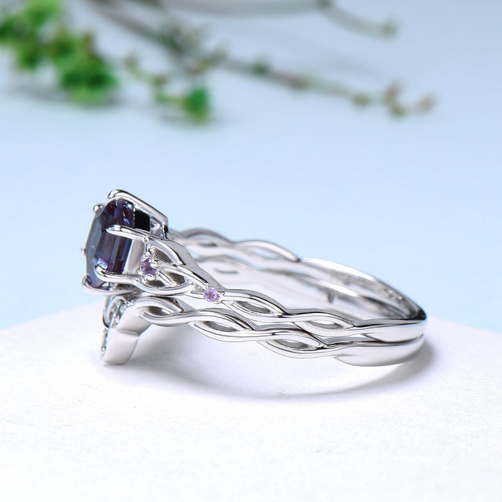 Norse Viking Hexagon Alexandrite Ring Set Celtic Love Knot Alexandrite Amethyst Engagement Ring Unique Twisted Wedding Ring Set For Women - PENFINE