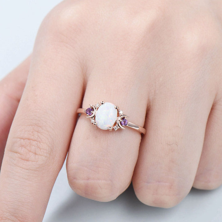 Vintage Opal Engagement Ring Rose Gold Unique Nature Inspired Moon Amethyst Ring Unique Alternative October birthstone Wedding Ring Women - PENFINE