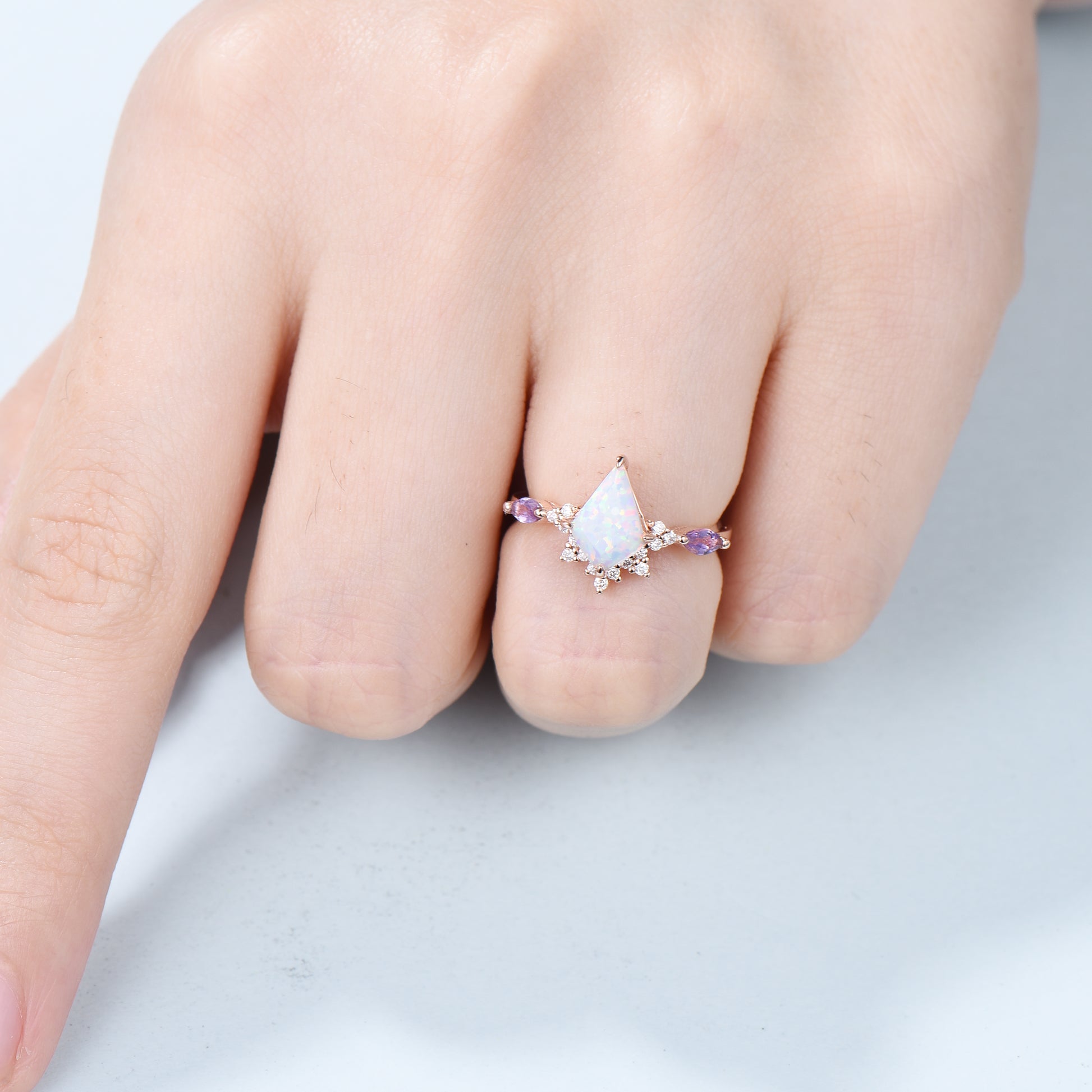 Unique opal and amethyst ring Vintage fire opal engagement ring solid 14k rose gold art deco kite cut cute opal wedding ring for women - PENFINE