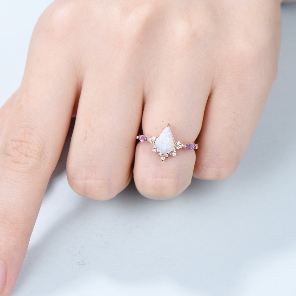 Unique opal and amethyst ring Vintage fire opal engagement ring solid 14k rose gold art deco kite cut cute opal wedding ring for women - PENFINE