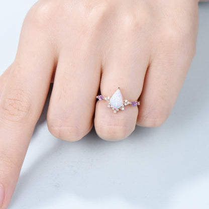 Unique opal and amethyst ring Vintage fire opal engagement ring solid 14k rose gold art deco kite cut cute opal wedding ring for women - PENFINE