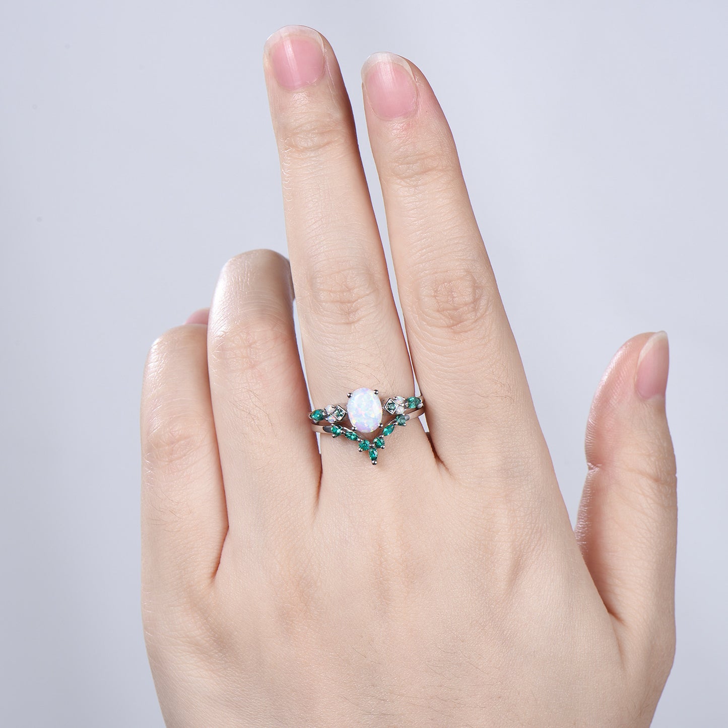 Unique Oval White Opal Engagement Ring Set , Art Deco Emerald/Turquoise Matching Band 14K White Gold Opal Emerald Wedding Bridal Set