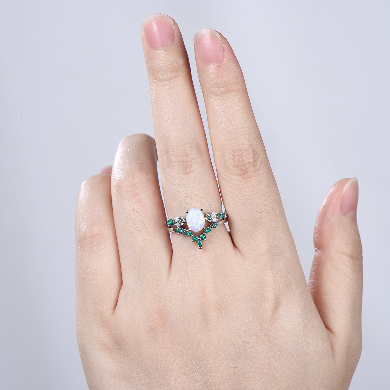 Unique Oval White Opal Engagement Ring Set , Art Deco Emerald/Turquoise Matching Band 14K White Gold Opal Emerald Wedding Bridal Set