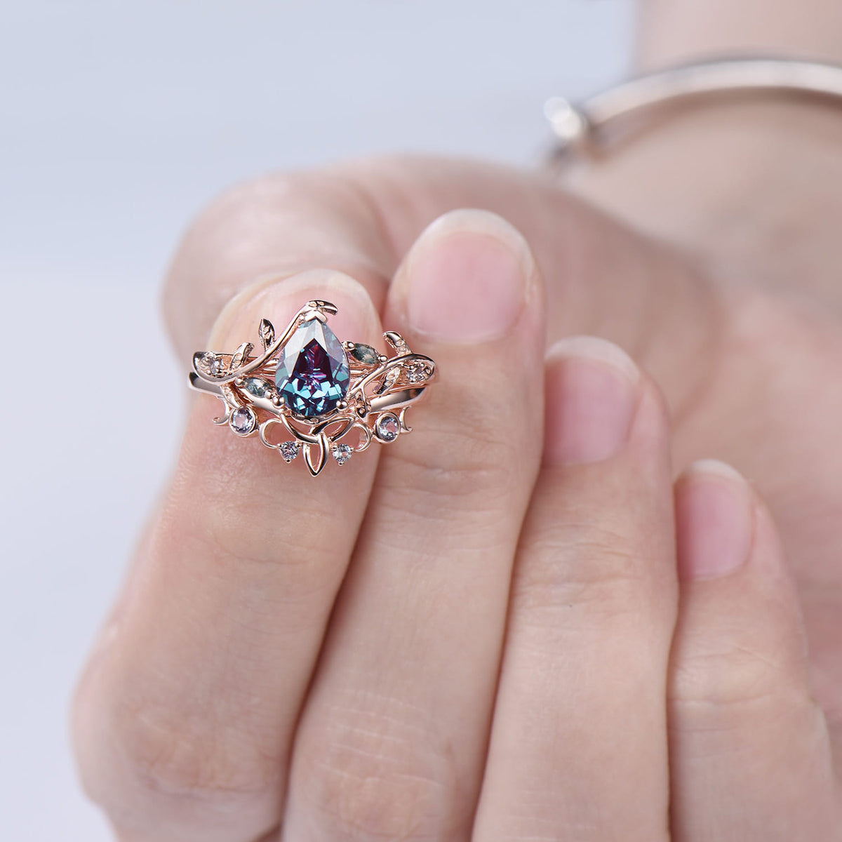 Pear Shaped Alexandrite Ring Set Leaf Vine Moss Agate Wedding Promise Gift