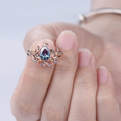Pear Shaped Alexandrite Ring Set Leaf Vine Moss Agate Wedding Promise Gift