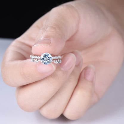 7mm Round Cut Aquamarine Engagement Ring Set - Diamond Wave Wedding Band