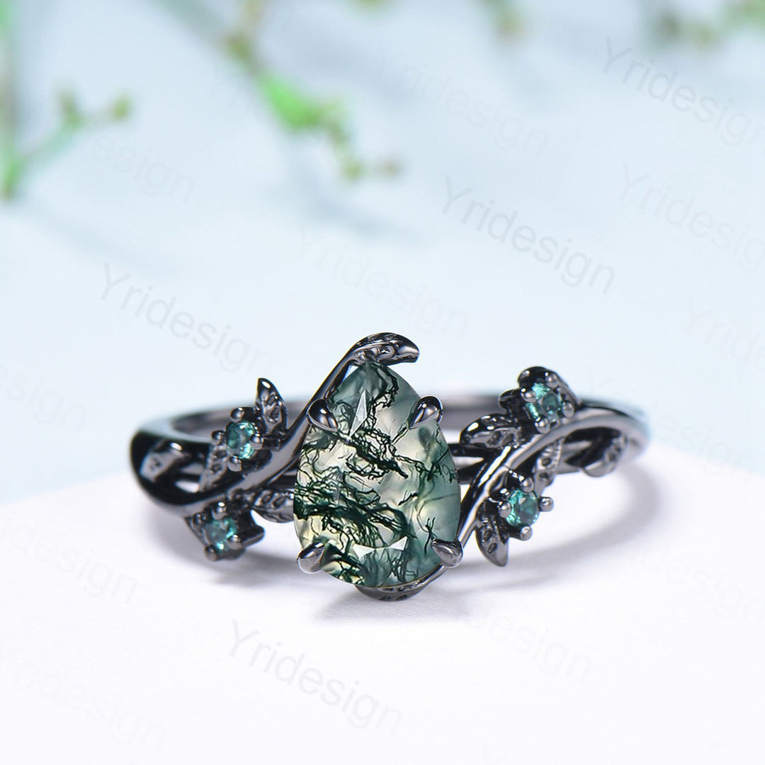 Black gold pear shaped moss agate wedding ring set, Nature inspired green agate twig vine engagement ring set, Leafy bridal ring set for her - PENFINE