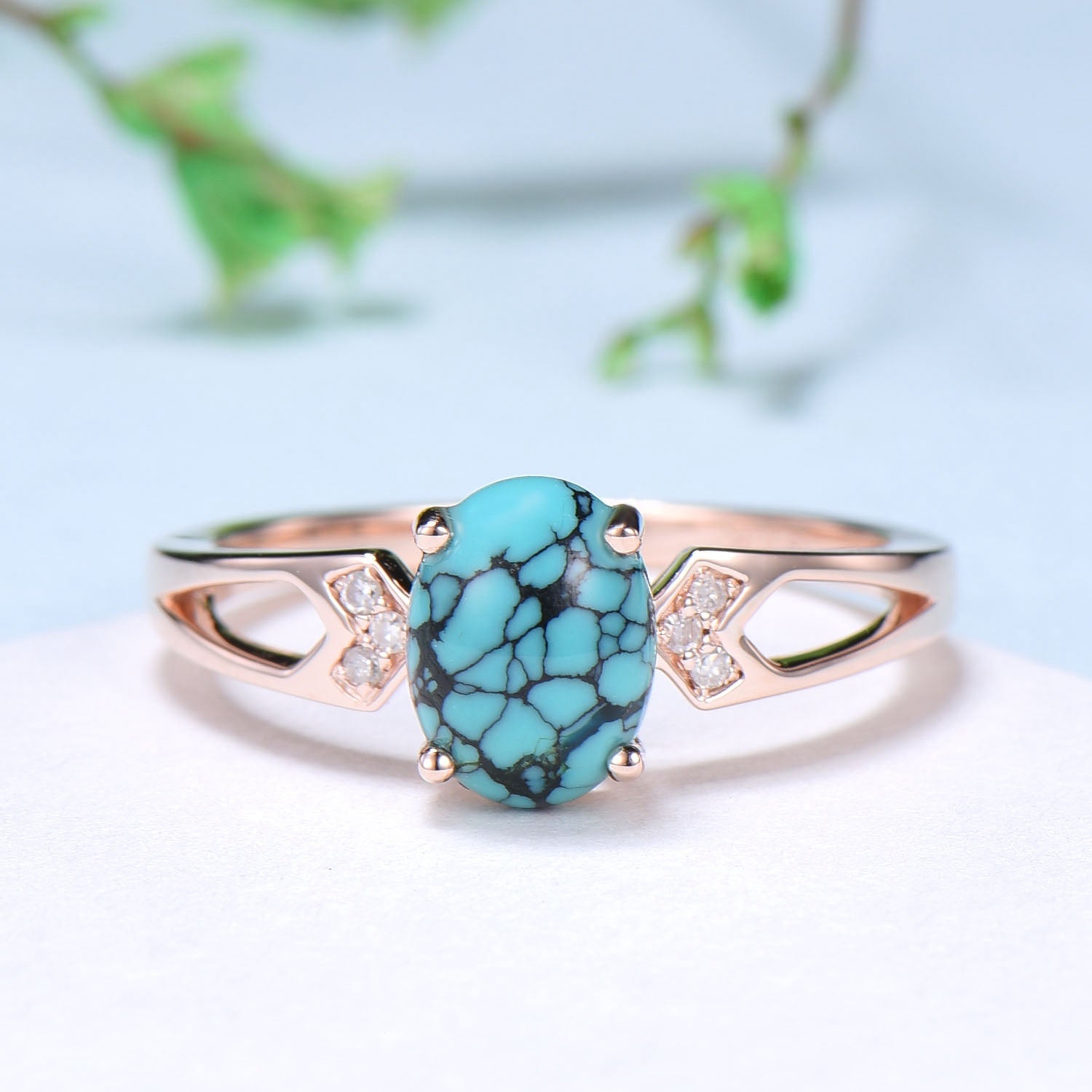 Unique Oval Turquoise engagement ring set 14k white gold vintage split shank engagement ring for women Blue Enamel Wedding Ring Antique Gift - PENFINE