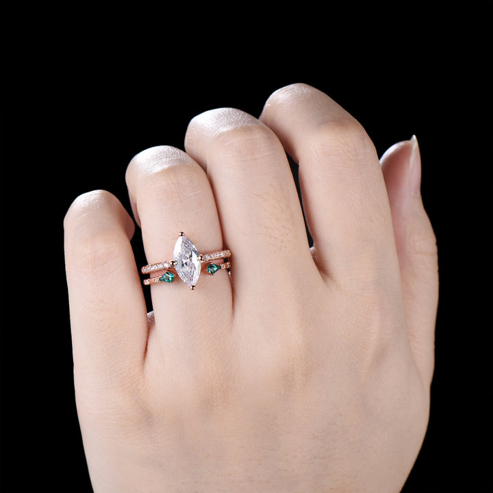 1CT IGI Certified Marquise Cut Lab Grown Diamond Engagement Ring Set 14K Rose Gold Pave Diamond Bridal Wedding Jewelry Promise Gift