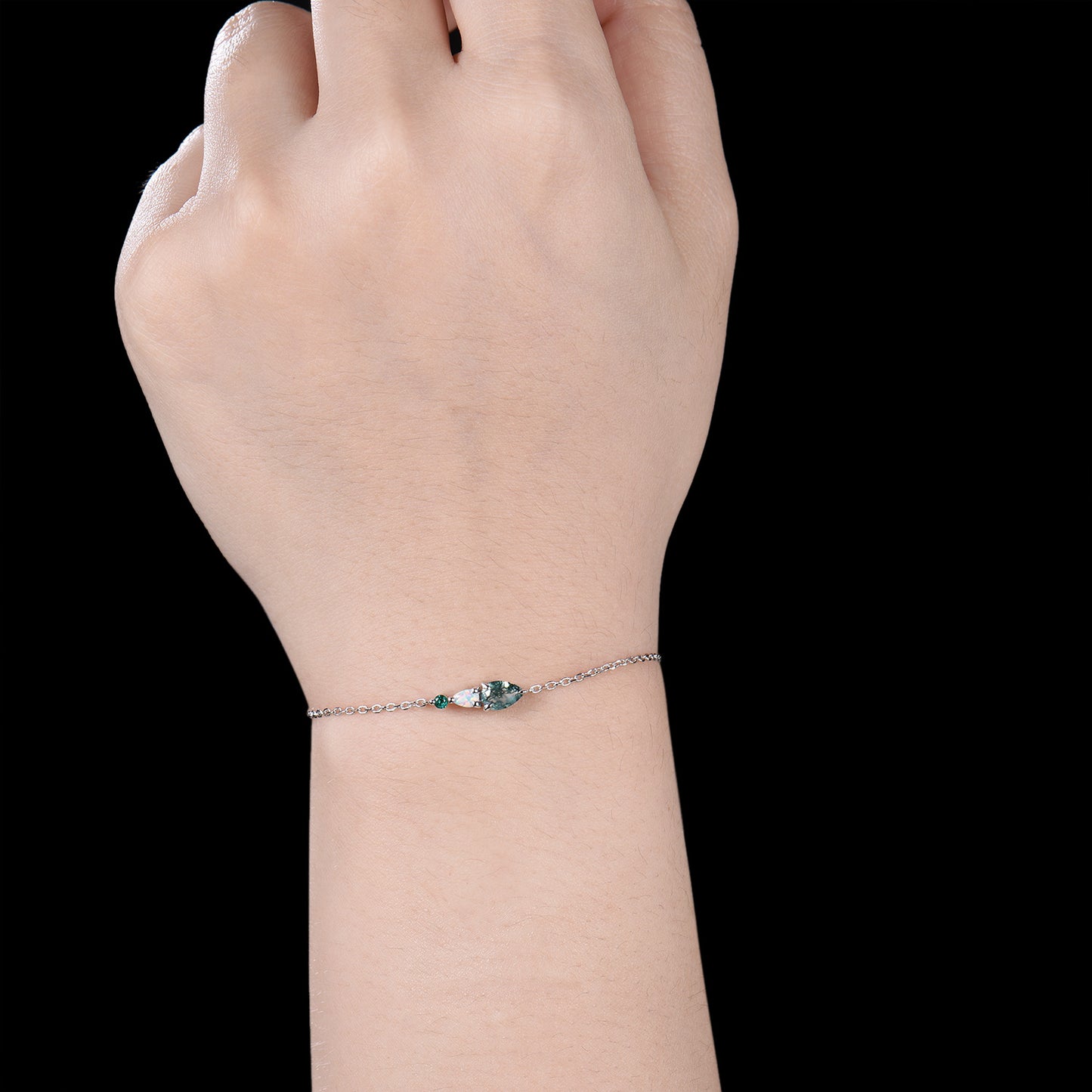 Dainty Teardrop Natural Moss Agate Opal Bracelet, May Birthstone Green Emerald Three Stone Wedding Bracelet Anniversary Gift for Women