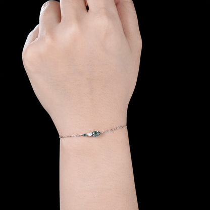 Dainty Teardrop Natural Moss Agate Opal Bracelet, May Birthstone Green Emerald Three Stone Wedding Bracelet Anniversary Gift for Women