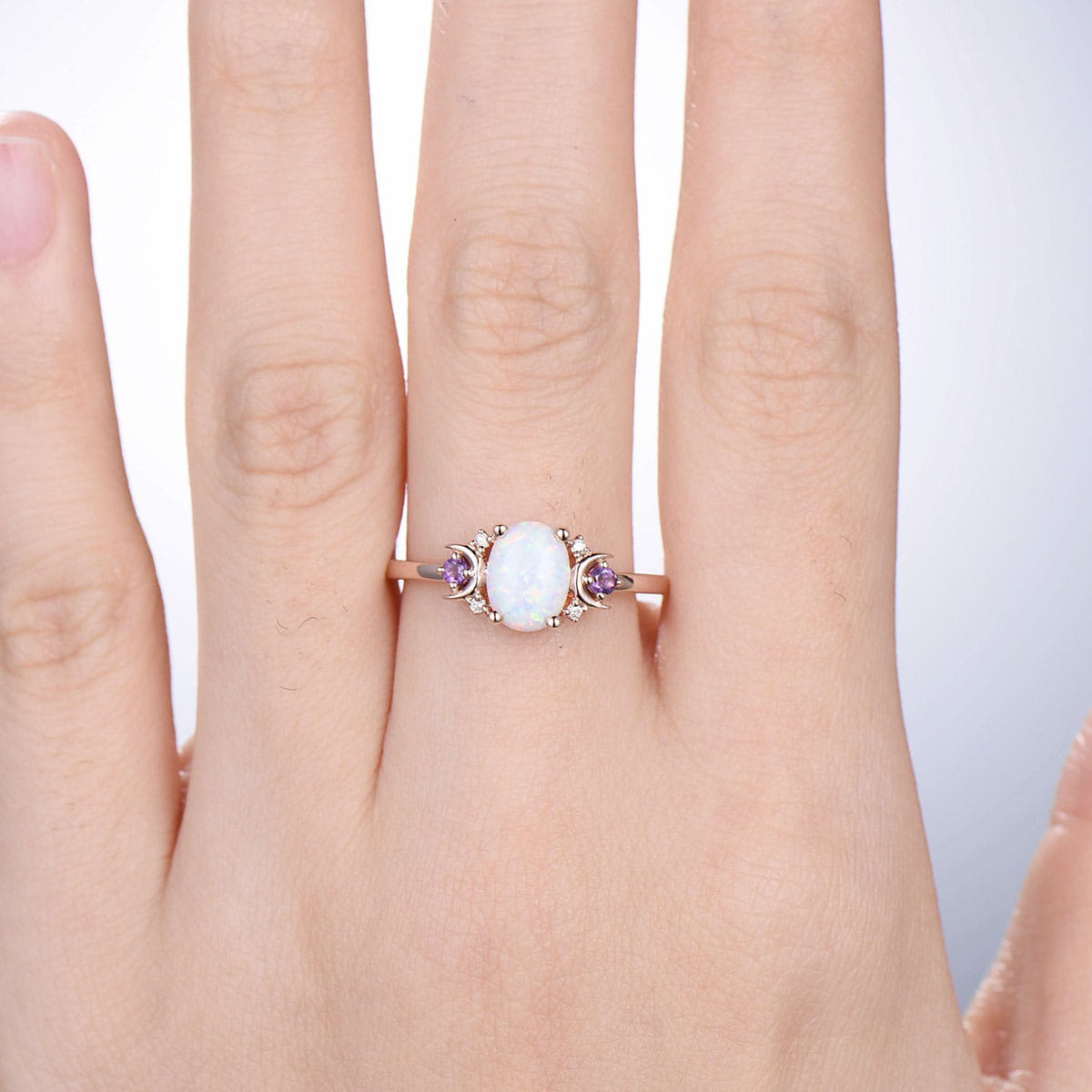 Vintage Opal Engagement Ring Rose Gold Unique Nature Inspired Moon Amethyst  Ring Unique Alternative October birthstone Wedding Ring Women