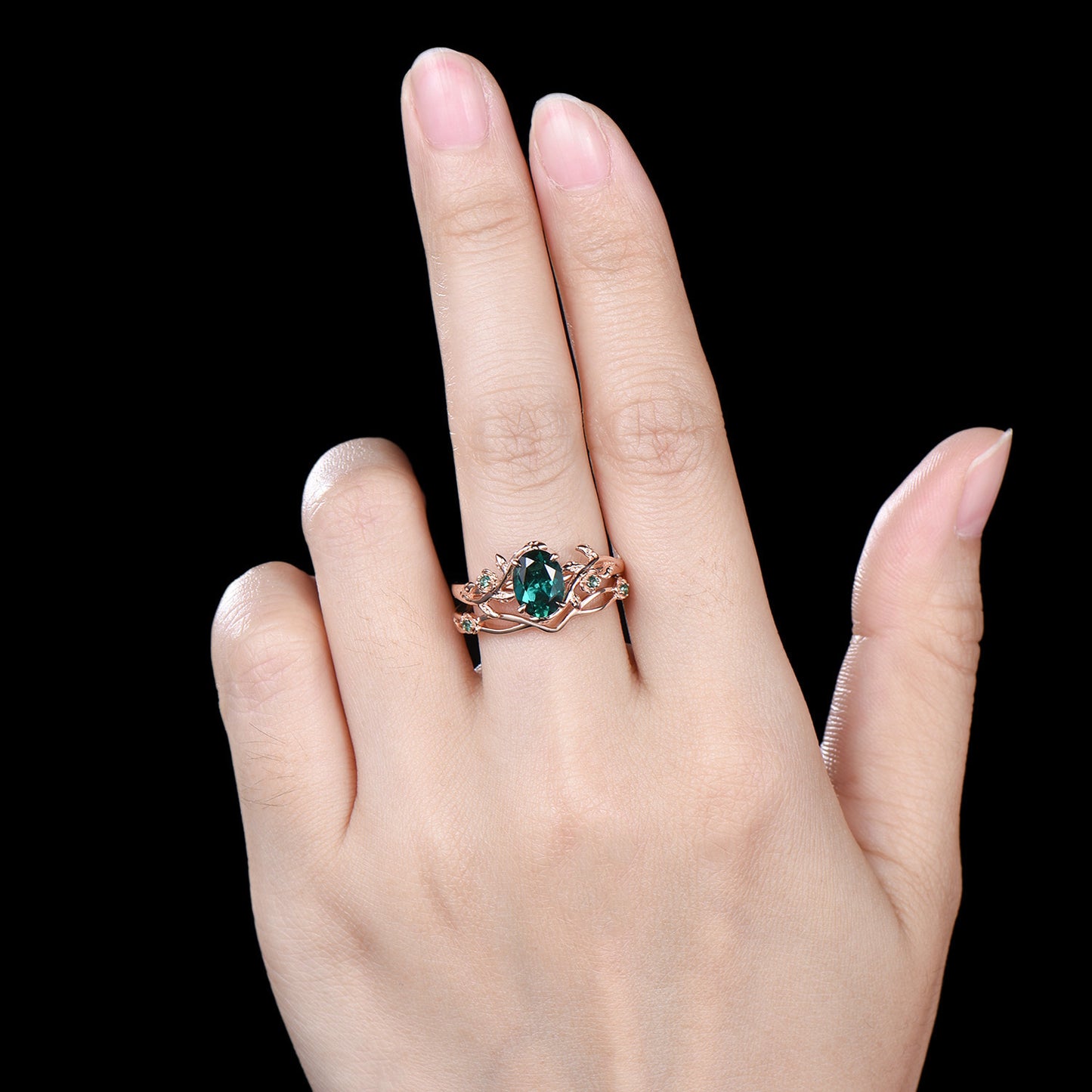 Emerald Floral Ring Set: Rose Gold Twig, Leaf, Art Deco Bridal Ring