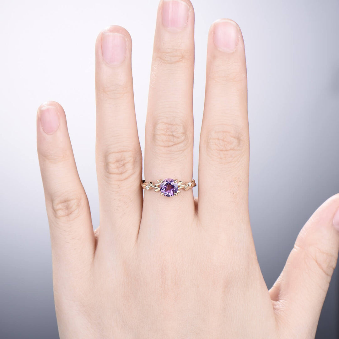 Round Purple Amethyst ring Leaf Engagement Ring 14K Yellow Gold Nature Inspired Wedding Ring Twig Unique Handmade Proposal Gifts for Women - PENFINE