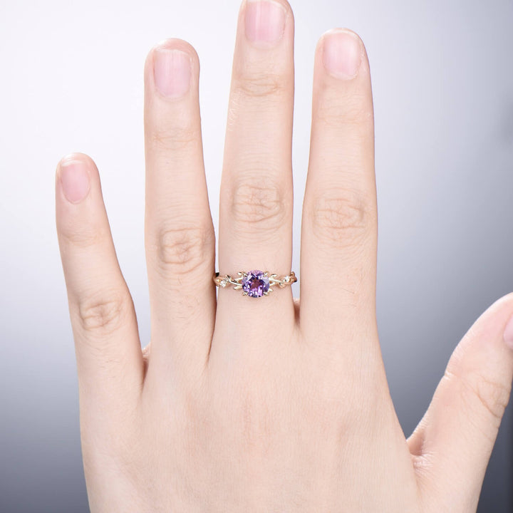 Round Purple Amethyst ring Leaf Engagement Ring 14K Yellow Gold Nature Inspired Wedding Ring Twig Unique Handmade Proposal Gifts for Women - PENFINE