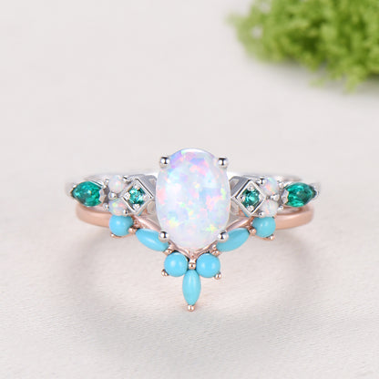 Unique Oval White Opal Engagement Ring Set , Art Deco Emerald/Turquoise Matching Band 14K White Gold Opal Emerald Wedding Bridal Set