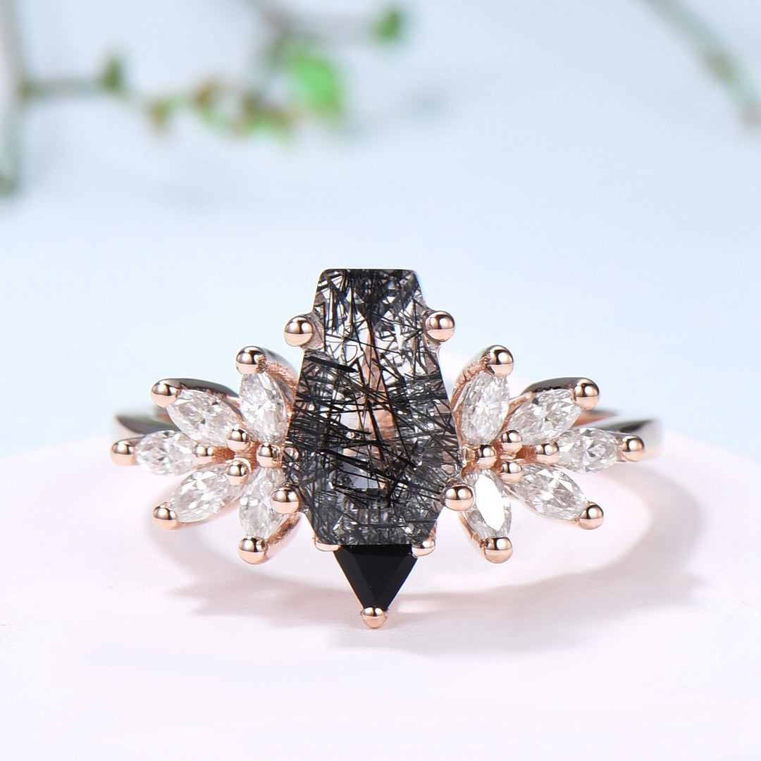 Unique Coffin Cut Black Rutilated Engagement Ring Set Art Deco Marquise Black Quartz Wedding Ring Moissanite Bridal Ring Birthday Gift Women - PENFINE