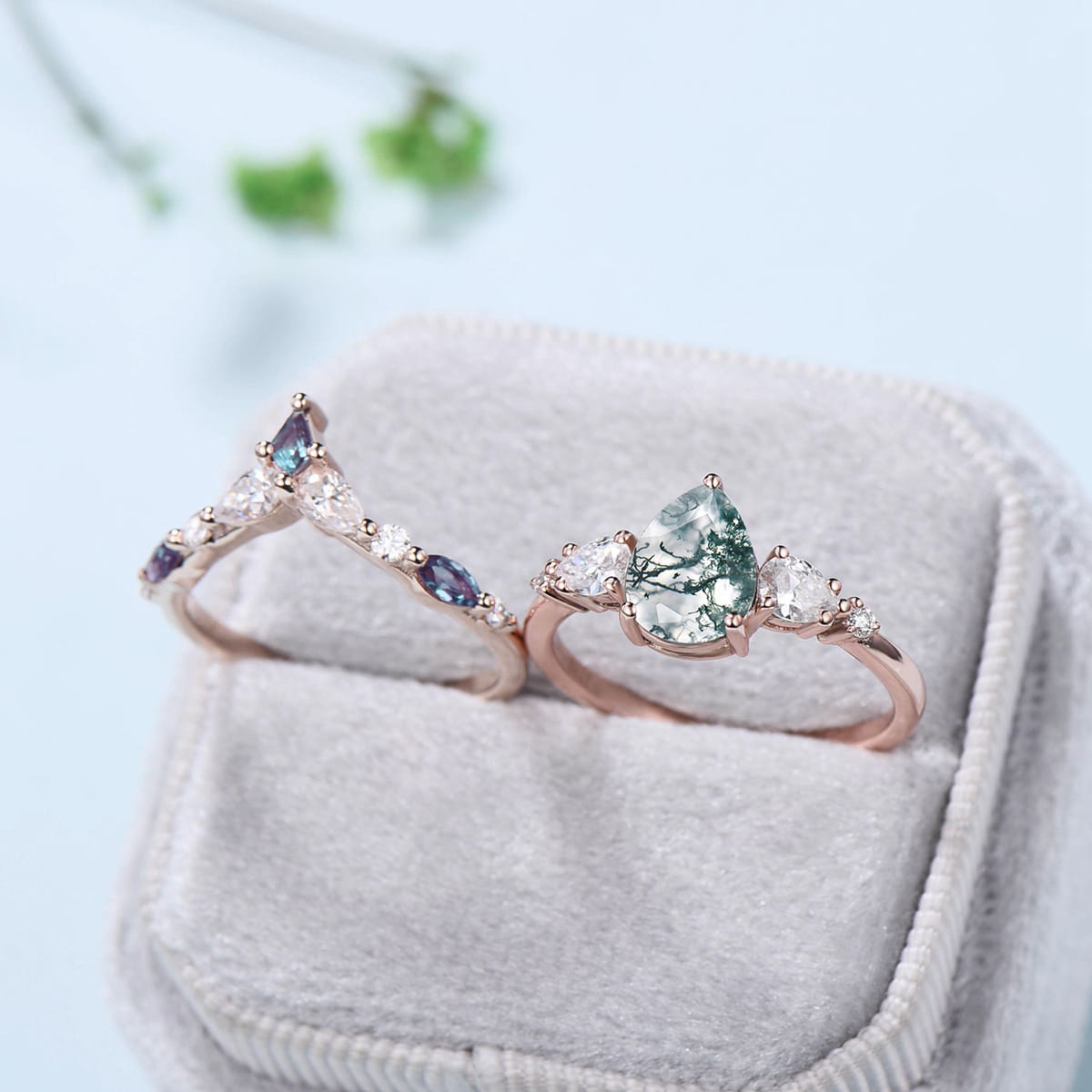 Pear Shaped Moss Agate Promise Ring Set, Rose Gold Moss Agate Engagement Ring Set, Vintage Green Aquatic Agate Bridal Set, Curve store Stack Band