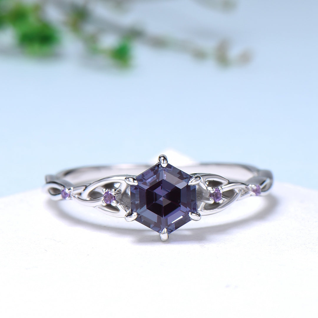 Norse Viking Hexagon Alexandrite Ring Set Celtic Love Knot Alexandrite Amethyst Engagement Ring Unique Twisted Wedding Ring Set For Women - PENFINE