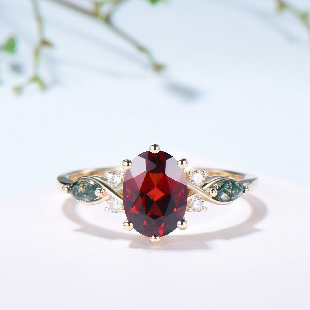 Vintage Oval Garnet Engagement Ring Set, Accent Marquise Moss Agate Yellow Gold Bridal Ring - PENFINE