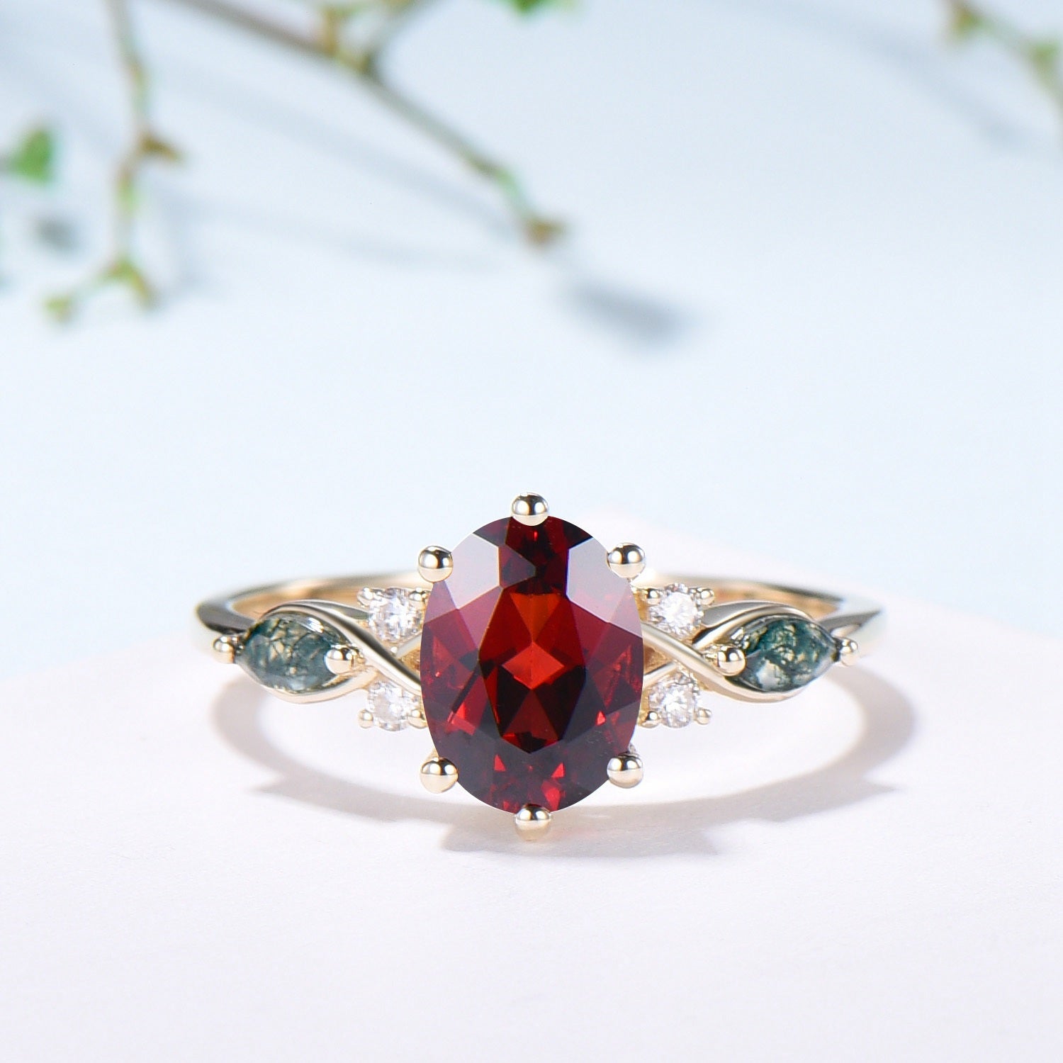 Vintage Oval Garnet Engagement Ring Set, Accent Marquise Moss Agate Yellow Gold Bridal Ring - PENFINE