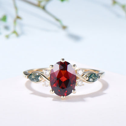 Vintage Oval Garnet Engagement Ring Set, Accent Marquise Moss Agate Yellow Gold Bridal Ring - PENFINE